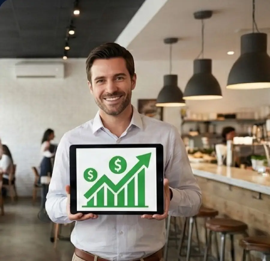 Dono de restaurante com resultados no tablet